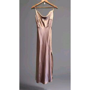Birdie Grey Champagne Satin Sleeveless Drape Neck Maxi Dress Slit XS